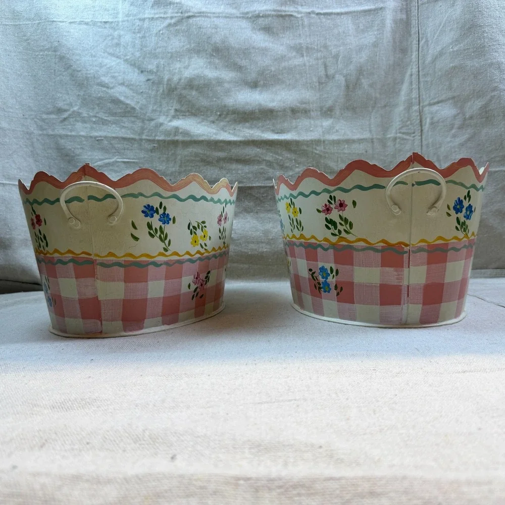 Planter Hand Painted Tin Set of 2 Unused Originally $100